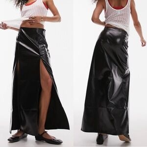 NEW TOPSHOP Black VINYL Double Slit FAUX LEATHER Rocker Chic MAXI SKIRT US 8